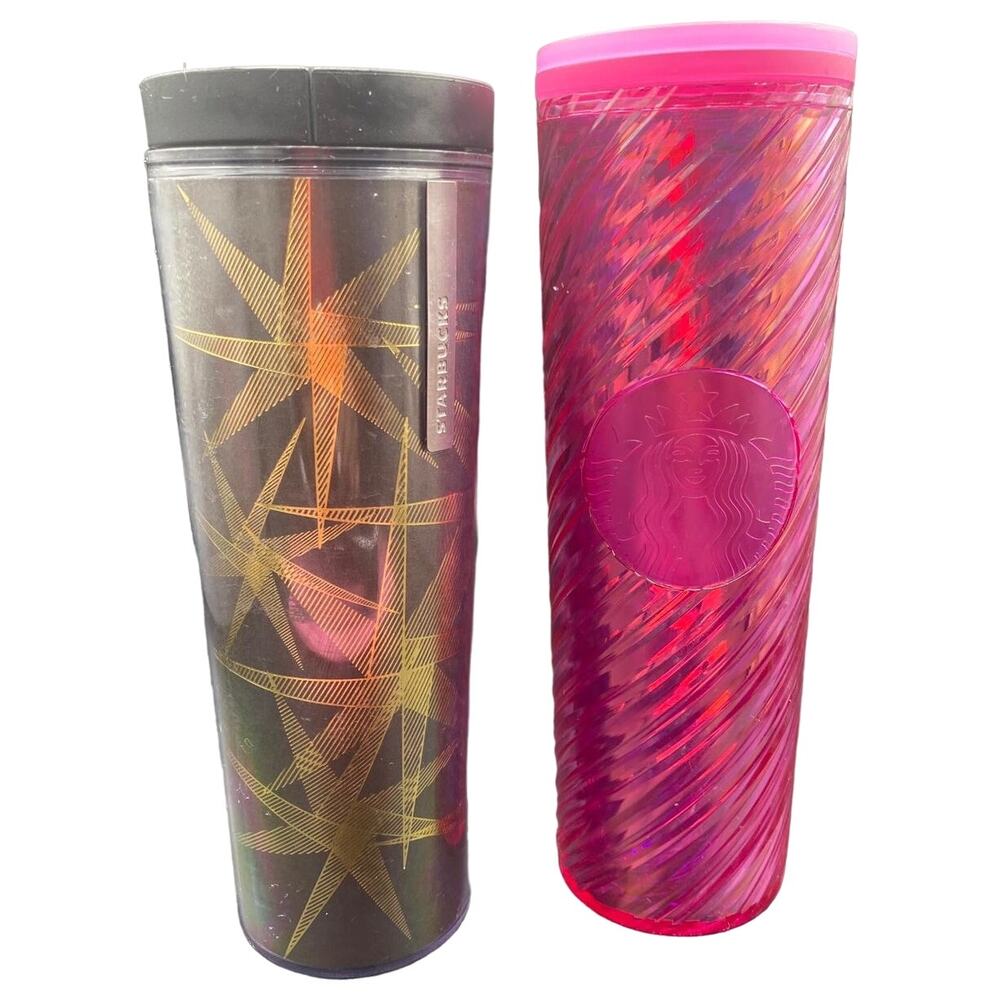 2 STARBUCKS travel mugs 2013 Holiday Gold Foil Stars & 2022 Hot Pink 2022 16 0z